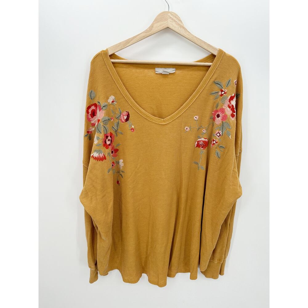 Woman Within Thermal Long‎ Sleeve Shirt Women 3X Yellow Floral Embroidery V Neck